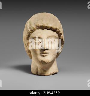 Art inspired by Limestone head of a beardless male votary, Late Archaic–Early Classical, late 6th century or early 5th century B.C., Cypriot, Limestone, Overall: 5 1/2 x 3 3/4 x 4 in. (14 x 9.5 x 10.2 cm), Stone Sculpture, The head is covered with schematic locks that curl around the, Classic works modernized by Artotop with a splash of modernity. Shapes, color and value, eye-catching visual impact on art. Emotions through freedom of artworks in a contemporary way. A timeless message pursuing a wildly creative new direction. Artists turning to the digital medium and creating the Artotop NFT Stock Photo