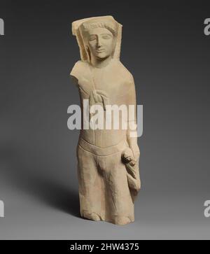 Art inspired by Limestone statuette of Herakles holding a lion, Classical, late 5th or early 4th century B.C., Cypriot, Limestone, Overall: 16 1/4 x 5 1/4 x 2 1/8 in. (41.3 x 13.3 x 5.4 cm), Stone Sculpture, Figure with small lion climbing up left thigh, Classic works modernized by Artotop with a splash of modernity. Shapes, color and value, eye-catching visual impact on art. Emotions through freedom of artworks in a contemporary way. A timeless message pursuing a wildly creative new direction. Artists turning to the digital medium and creating the Artotop NFT Stock Photo