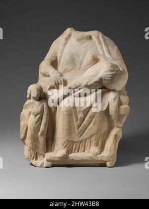 Art inspired by Seated limestone kourotrophos with another child standing, Classical, 4th century B.C., Cypriot, Limestone, Overall: 16 x 12 3/4 x 9 in. (40.6 x 32.4 x 22.9 cm), Stone Sculpture, Seated, with child in lap, another standing at knee, Classic works modernized by Artotop with a splash of modernity. Shapes, color and value, eye-catching visual impact on art. Emotions through freedom of artworks in a contemporary way. A timeless message pursuing a wildly creative new direction. Artists turning to the digital medium and creating the Artotop NFT Stock Photo