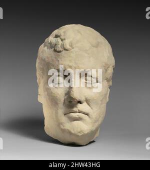 Art inspired by Limestone head of beardless male votary, Late Republic, mid–1st century B.C., Cypriot, Limestone, 11 7/16 x 9 7/16 x 6 1/4 in. (29.11 x 23.9 x 15.9 cm), Stone Sculpture, This expressive face, already marked by age, is one of the finest adaptations in Cypriot limestone, Classic works modernized by Artotop with a splash of modernity. Shapes, color and value, eye-catching visual impact on art. Emotions through freedom of artworks in a contemporary way. A timeless message pursuing a wildly creative new direction. Artists turning to the digital medium and creating the Artotop NFT Stock Photo