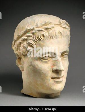 Art inspired by Limestone head of beardless male votary with wreath of leaves, Late Hellenistic(?), late 2nd century B.C.(?), Cypriot, Limestone, Overall: 11 1/2 x 7 x 9 in. (29.2 x 17.8 x 22.9 cm), Stone Sculpture, The head was probably turned toward its left. The youthful-looking, Classic works modernized by Artotop with a splash of modernity. Shapes, color and value, eye-catching visual impact on art. Emotions through freedom of artworks in a contemporary way. A timeless message pursuing a wildly creative new direction. Artists turning to the digital medium and creating the Artotop NFT Stock Photo