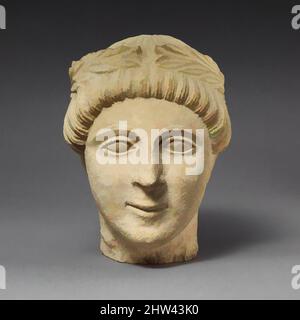 Art inspired by Limestone head of a beardless male votary with a wreath of leaves, Classical, 3rd quarter of the 5th century B.C., Cypriot, Limestone, H. 9 1/2 x 3 1/16 x 7 1/4 in. (24.1 x 7.8 x 18.4 cm), Stone Sculpture, The rounded head, with fine straight locks, is circled by a, Classic works modernized by Artotop with a splash of modernity. Shapes, color and value, eye-catching visual impact on art. Emotions through freedom of artworks in a contemporary way. A timeless message pursuing a wildly creative new direction. Artists turning to the digital medium and creating the Artotop NFT Stock Photo