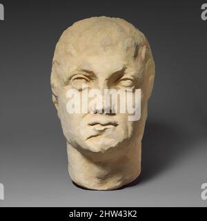 Art inspired by Limestone head of a beardless male votary, Late Hellenistic, 1st century B.C., Cypriot, Limestone, Overall: 10 7/8 × 7 × 8 1/2 in. (27.6 × 17.8 × 21.6 cm), Stone Sculpture, The head is turned slightly to its left. The facial expression is severe. His age is indicated by, Classic works modernized by Artotop with a splash of modernity. Shapes, color and value, eye-catching visual impact on art. Emotions through freedom of artworks in a contemporary way. A timeless message pursuing a wildly creative new direction. Artists turning to the digital medium and creating the Artotop NFT Stock Photo