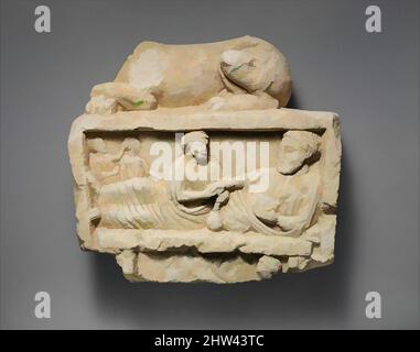 Art inspired by Limestone finial of a funerary stele with a recumbent lion and a banquet scene, Classical, 5th–4th century B.C., Cypriot, Limestone, Overall: 23 x 23 3/4 x 7 1/4 in. (58.4 x 60.3 x 18.4 cm), Stone Sculpture, Lion above; banquet with two men, two children, Classic works modernized by Artotop with a splash of modernity. Shapes, color and value, eye-catching visual impact on art. Emotions through freedom of artworks in a contemporary way. A timeless message pursuing a wildly creative new direction. Artists turning to the digital medium and creating the Artotop NFT Stock Photo
