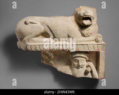 Art inspired by Limestone finial of a funerary stele with a recumbent lion and a banquet scene, Classical, middle or 3rd quarter of the 5th century B.C., Cypriot, Limestone, Overall: 19 1/4 x 23 3/4 x 6 3/4 in. (48.9 x 60.3 x 17.1 cm), Stone Sculpture, Lion and part of a banquet scene, Classic works modernized by Artotop with a splash of modernity. Shapes, color and value, eye-catching visual impact on art. Emotions through freedom of artworks in a contemporary way. A timeless message pursuing a wildly creative new direction. Artists turning to the digital medium and creating the Artotop NFT Stock Photo