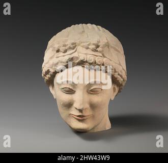Art inspired by Limestone beardless male head with ivy wreath, Late Archaic–Early Classical, late 6th or early 5th century B.C., Cypriot, Limestone, Overall: 7 1/2 x 5 1/2 x 6 3/4 in. (19.1 x 14 x 17.1 cm), Stone Sculpture, He has a prominent chin, rounded cheeks, smiling lips, ridged, Classic works modernized by Artotop with a splash of modernity. Shapes, color and value, eye-catching visual impact on art. Emotions through freedom of artworks in a contemporary way. A timeless message pursuing a wildly creative new direction. Artists turning to the digital medium and creating the Artotop NFT Stock Photo