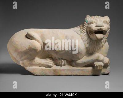 Art inspired by Limestone recumbant lion, Cypro-Classical, second half of the 5th century B.C., Cypriot, Limestone, Overall: 18 1/2 x 32 1/2 x 9 1/2 in. (47 x 82.6 x 24.1 cm), Stone Sculpture, The lion formed the finial of a funerary stele and was meant to guard the tomb, Classic works modernized by Artotop with a splash of modernity. Shapes, color and value, eye-catching visual impact on art. Emotions through freedom of artworks in a contemporary way. A timeless message pursuing a wildly creative new direction. Artists turning to the digital medium and creating the Artotop NFT Stock Photo