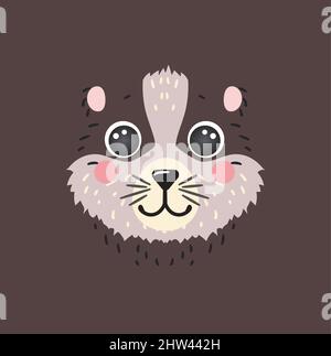 Cute badger portrait square smile head cartoon round shape animal face, isolated atatar vector icon illustration. Flat simple hand drawn for kids poster, UI app mascot cards, t-shirts, baby clothes Stock Vector