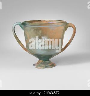 Art inspired by Glass cantharus (cup with two handles), Early Imperial, 1st century A.D., Roman, Glass; blown, 4in. (10.2cm), Glass, Translucent blue green, with same color foot and handles. Solid beveled rim, with outward horizontal bulge below on exterior and horizontal groove on, Classic works modernized by Artotop with a splash of modernity. Shapes, color and value, eye-catching visual impact on art. Emotions through freedom of artworks in a contemporary way. A timeless message pursuing a wildly creative new direction. Artists turning to the digital medium and creating the Artotop NFT Stock Photo