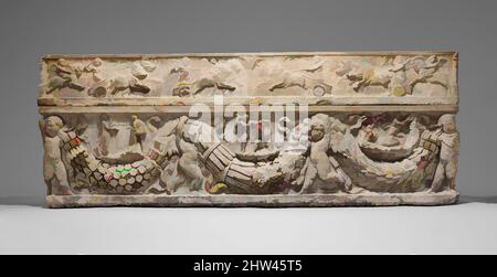Art inspired by Marble sarcophagus with garlands and the myth of Theseus and Ariadne, Hadrianic or early Antonine, ca. A.D. 130–150, Roman, Marble, Luni and Pentelic, Overall: 31 x 85 3/4 x 28in. (78.7 x 217.8 x 2.3 cm), Stone Sculpture, On the lid, shown in delicate low relief, winged, Classic works modernized by Artotop with a splash of modernity. Shapes, color and value, eye-catching visual impact on art. Emotions through freedom of artworks in a contemporary way. A timeless message pursuing a wildly creative new direction. Artists turning to the digital medium and creating the Artotop NFT Stock Photo