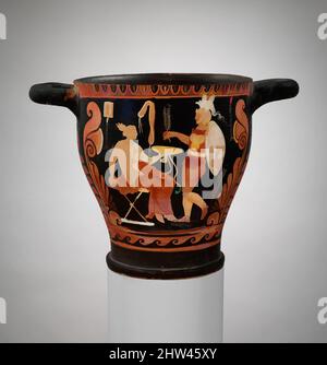 Art inspired by Terracotta skyphos (deep drinking cup), Late Classical, ca. 350–325 B.C., Greek, South Italian, Campanian, Terracotta; red-figure, H. 9 3/4 in. (24.8 cm), Vases, Obverse, woman and Oscan warrior Reverse, woman and youth The CA Painter was the leading artist of a large, Classic works modernized by Artotop with a splash of modernity. Shapes, color and value, eye-catching visual impact on art. Emotions through freedom of artworks in a contemporary way. A timeless message pursuing a wildly creative new direction. Artists turning to the digital medium and creating the Artotop NFT Stock Photo