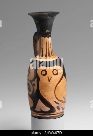 Art inspired by Terracotta lekythos (oil flask) with an owl, Late Classical, 4th century B.C., Greek, South Italian, Apulian, Terracotta; red-figure, H. 4 7/8 in. (12.4 cm), Vases, With an owl, Classic works modernized by Artotop with a splash of modernity. Shapes, color and value, eye-catching visual impact on art. Emotions through freedom of artworks in a contemporary way. A timeless message pursuing a wildly creative new direction. Artists turning to the digital medium and creating the Artotop NFT Stock Photo