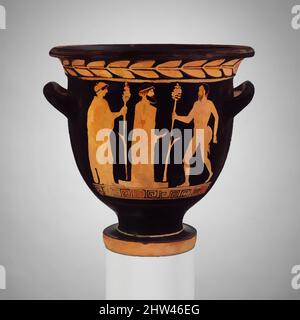 Art inspired by Terracotta bell-krater (mixing bowl), Classical, ca. 430–410 B.C., Greek, South Italian, Lucanian, Terracotta; red-figure, 12 5/16in. (31.3cm), Vases, Obverse, satyr and maenad at a herm Reverse, three draped youths The Pisticci Painter is significant as the artist with, Classic works modernized by Artotop with a splash of modernity. Shapes, color and value, eye-catching visual impact on art. Emotions through freedom of artworks in a contemporary way. A timeless message pursuing a wildly creative new direction. Artists turning to the digital medium and creating the Artotop NFT Stock Photo