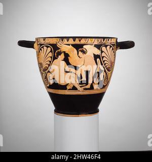Art inspired by Terracotta skyphos (deep drinking cup), Late Classical, mid-4th century B.C., Etruscan, Faliscan, Terracotta; red-figure, H. 9 1/4 in. (23.5 cm), Vases, Obverse, youth with Eros. Reverse, winged female figure, Classic works modernized by Artotop with a splash of modernity. Shapes, color and value, eye-catching visual impact on art. Emotions through freedom of artworks in a contemporary way. A timeless message pursuing a wildly creative new direction. Artists turning to the digital medium and creating the Artotop NFT Stock Photo