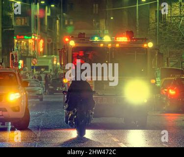 Glasgow, Scotland, UK  3rd  March, 2022.Batgirl set accident uk  fire engine on set had to attend incident after stunt saw back of one of the camera cars catch fire. Credit Gerard Ferry/Alamy Live News Stock Photo