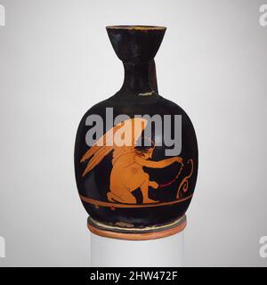 Art inspired by Terracotta squat lekythos (oil jar), Classical, late 5th century B.C., Greek, Attic, Terracotta; red-figure, H.: 4 3/8 in. (11.1 cm), Vases, Kneeling Eros, Classic works modernized by Artotop with a splash of modernity. Shapes, color and value, eye-catching visual impact on art. Emotions through freedom of artworks in a contemporary way. A timeless message pursuing a wildly creative new direction. Artists turning to the digital medium and creating the Artotop NFT Stock Photo
