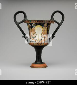 Art inspired by Terracotta kantharos (drinking cup with high handles), Late Classical, ca. 325–300 B.C., Greek, South Italian, Apulian, Terracotta; red-figure, H. with handles 11 in. (27.9 cm), Vases, Obverse, frontal head emerging from blossom surrounded by tendrils and other flowers, Classic works modernized by Artotop with a splash of modernity. Shapes, color and value, eye-catching visual impact on art. Emotions through freedom of artworks in a contemporary way. A timeless message pursuing a wildly creative new direction. Artists turning to the digital medium and creating the Artotop NFT Stock Photo