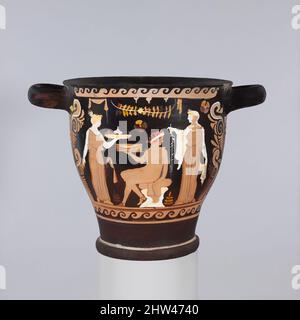 Art inspired by Terracotta skyphos (deep drinking cup), Hellenistic, ca. 330–300 B.C., Greek, South Italian, Campanian, Terracotta; red-figure, H. 12 3/4 in. (32.4 cm), Vases, Obverse, seated youth betwen two women, Reverse, three youths. The APZ Painter's style reflects the influence, Classic works modernized by Artotop with a splash of modernity. Shapes, color and value, eye-catching visual impact on art. Emotions through freedom of artworks in a contemporary way. A timeless message pursuing a wildly creative new direction. Artists turning to the digital medium and creating the Artotop NFT Stock Photo