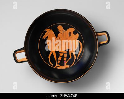 Art inspired by Terracotta kylix (drinking cup) with horses, Archaic, ca. 510–500 B.C., Greek, Attic, Terracotta; red-figure, H. 3 7/8 in. (9.80 cm), Vases, This kylix of Type B is one of the more notable vases by the painter of Berlin. Although it was composed without much detail or, Classic works modernized by Artotop with a splash of modernity. Shapes, color and value, eye-catching visual impact on art. Emotions through freedom of artworks in a contemporary way. A timeless message pursuing a wildly creative new direction. Artists turning to the digital medium and creating the Artotop NFT Stock Photo
