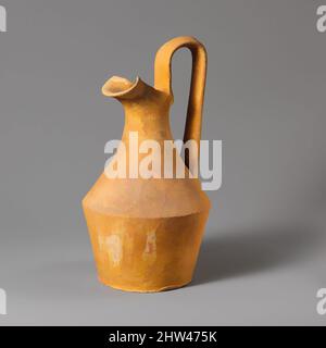 Art inspired by Terracotta oinochoe (jug), Hellenistic, late 4th–early 3rd century B.C., Greek, South Italian, Apulian, Terracotta, H. with handle 9 1/2 in. (24.1 cm), Vases, Yellow-slipped pottery is unusual in Apulia but typically occurs in pairs of oinochoai and paterae. The jug, Classic works modernized by Artotop with a splash of modernity. Shapes, color and value, eye-catching visual impact on art. Emotions through freedom of artworks in a contemporary way. A timeless message pursuing a wildly creative new direction. Artists turning to the digital medium and creating the Artotop NFT Stock Photo
