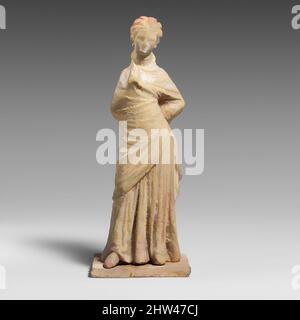 Art inspired by Terracotta statuette of a draped woman, Hellenistic, mid-3rd century B.C., Greek, Boeotian, Terracotta, H.: 6 7/16 in. (16.4 cm), Terracottas, The play of this lady's drapery is enlivened by her right arm bent under her garment and her left arm held akimbo. Considerable, Classic works modernized by Artotop with a splash of modernity. Shapes, color and value, eye-catching visual impact on art. Emotions through freedom of artworks in a contemporary way. A timeless message pursuing a wildly creative new direction. Artists turning to the digital medium and creating the Artotop NFT Stock Photo