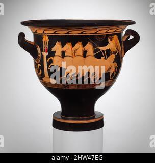 Art inspired by Terracotta bell-krater (bowl for mixing wine and water), Classical, late 5th century B.C., Greek, Attic, Terracotta; red-figure, Other: 14 3/4 x 15 5/8 in. (37.5 x 39.7 cm), Vases, Obverse, Nike (the personification of victory), driving a quadriga (four-horse chariot, Classic works modernized by Artotop with a splash of modernity. Shapes, color and value, eye-catching visual impact on art. Emotions through freedom of artworks in a contemporary way. A timeless message pursuing a wildly creative new direction. Artists turning to the digital medium and creating the Artotop NFT Stock Photo