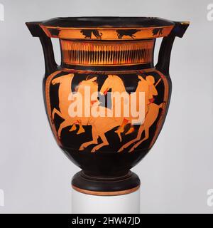 Art inspired by Terracotta column-krater (bowl for mixing wine and water), Classical, ca. 430 B.C., Greek, Attic, Terracotta; red-figure, H. 15 in. (38.1 cm), Vases, Obverse, horsemen, Reverse, komasts (revelers). The longevity of the black-figure technique is indicated here by the, Classic works modernized by Artotop with a splash of modernity. Shapes, color and value, eye-catching visual impact on art. Emotions through freedom of artworks in a contemporary way. A timeless message pursuing a wildly creative new direction. Artists turning to the digital medium and creating the Artotop NFT Stock Photo