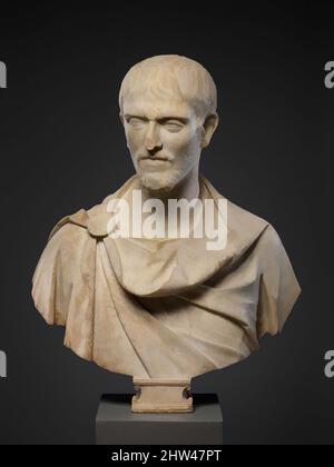 Art inspired by Marble portrait bust of a man, Late Imperial, mid–3rd century A.D., Roman, Marble, H. 25 7/8 in. (65.7 cm), Stone Sculpture, Marble portrait bust of a young man, Classic works modernized by Artotop with a splash of modernity. Shapes, color and value, eye-catching visual impact on art. Emotions through freedom of artworks in a contemporary way. A timeless message pursuing a wildly creative new direction. Artists turning to the digital medium and creating the Artotop NFT Stock Photo