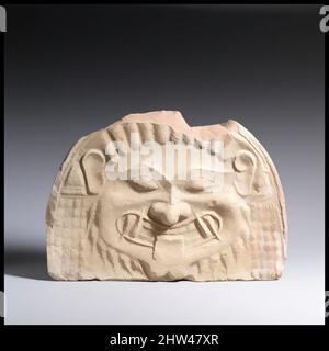 Art inspired by Terracotta gorgoneion antefix (roof tile), Archaic, ca. 580–570 B.C., Greek, Terracotta, H. 6 3/4 in. (17.1 cm.), Terracottas, The frightening features of this Gorgon head, its petrifying eyes and sharp teeth, correspond to its Archaic date and were likely intended to, Classic works modernized by Artotop with a splash of modernity. Shapes, color and value, eye-catching visual impact on art. Emotions through freedom of artworks in a contemporary way. A timeless message pursuing a wildly creative new direction. Artists turning to the digital medium and creating the Artotop NFT Stock Photo