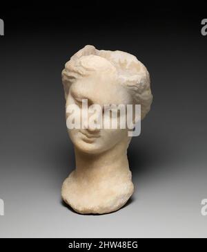 Art inspired by Marble head of a girl from a small statue, Hellenistic, 3rd century B.C., Greek, Marble, Island, H. 8 3/4 in. (22.2 cm), Stone Sculpture, Said to be from Greece. The oval face with delicately indicated features and gentle transition to the soft hair is executed in a, Classic works modernized by Artotop with a splash of modernity. Shapes, color and value, eye-catching visual impact on art. Emotions through freedom of artworks in a contemporary way. A timeless message pursuing a wildly creative new direction. Artists turning to the digital medium and creating the Artotop NFT Stock Photo
