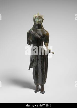 Art inspired by Bronze statuette of a young woman, Archaic, late 6th century B.C., Etruscan, Bronze, H. 11 9/16 in. (29.4 cm), Bronzes, Classic works modernized by Artotop with a splash of modernity. Shapes, color and value, eye-catching visual impact on art. Emotions through freedom of artworks in a contemporary way. A timeless message pursuing a wildly creative new direction. Artists turning to the digital medium and creating the Artotop NFT Stock Photo