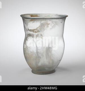 Art inspired by Glass beaker with indented sides, Mid Imperial, 2nd–3rd century A.D., Roman, Glass; blown and tooled, H.: 4 in. (10.2 cm), Glass, Translucent light blue green., Everted rim, with thickened, rounded lip; side tapering downwards, then bulging outwards at corners, and, Classic works modernized by Artotop with a splash of modernity. Shapes, color and value, eye-catching visual impact on art. Emotions through freedom of artworks in a contemporary way. A timeless message pursuing a wildly creative new direction. Artists turning to the digital medium and creating the Artotop NFT Stock Photo