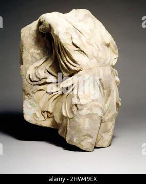 Art inspired by Fragment of a marble relief with a Nike, Classical, late 5th century B.C., Greek, Marble, Island, H. 18 1/16 in. (45.9 cm), Stone Sculpture, This figure must represent a Nike (the personification of victory) for a few feathers of her right wing are visible carved in low, Classic works modernized by Artotop with a splash of modernity. Shapes, color and value, eye-catching visual impact on art. Emotions through freedom of artworks in a contemporary way. A timeless message pursuing a wildly creative new direction. Artists turning to the digital medium and creating the Artotop NFT Stock Photo