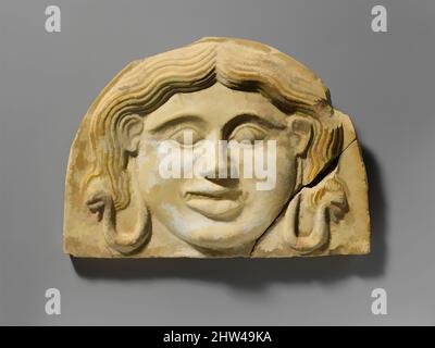 Art inspired by Terracotta gorgoneion antefix (roof tile), Classical, 2nd half of the 5th century B.C., Greek, South Italian, Tarentine, Terracotta, H. 7 5/8 in. (19.4 cm.), Terracottas, The style of this gorgoneion antefix is of a transitional type between the archaic, more fierce, Classic works modernized by Artotop with a splash of modernity. Shapes, color and value, eye-catching visual impact on art. Emotions through freedom of artworks in a contemporary way. A timeless message pursuing a wildly creative new direction. Artists turning to the digital medium and creating the Artotop NFT Stock Photo