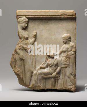 Art inspired by Marble votive relief fragment of goddesses, mother, nurse, and infant, Classical, late 5th century B.C., Greek, Marble, Island, h. 10 1/2in (26.7cm); w. 8 9/16in. (21.7cm), Stone Sculpture, Childbirth in antiquity often resulted in the death of both the mother and, Classic works modernized by Artotop with a splash of modernity. Shapes, color and value, eye-catching visual impact on art. Emotions through freedom of artworks in a contemporary way. A timeless message pursuing a wildly creative new direction. Artists turning to the digital medium and creating the Artotop NFT Stock Photo