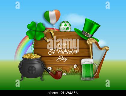 Saint patrick's day banner with irish elements, balloons and wooden board Stock Vector