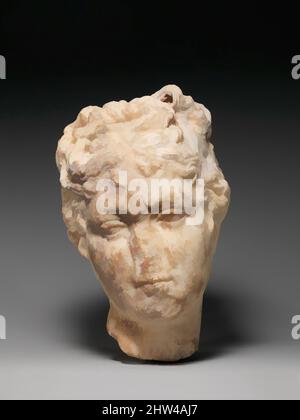 Art inspired by Marble head of a young woman, early Imperial, 1st century B.C.–1st century A.D., Roman, Marble, Parian ?, H. 10 9/16 in. (26.9 cm), Stone Sculpture, Female head, broken from a statue, Classic works modernized by Artotop with a splash of modernity. Shapes, color and value, eye-catching visual impact on art. Emotions through freedom of artworks in a contemporary way. A timeless message pursuing a wildly creative new direction. Artists turning to the digital medium and creating the Artotop NFT Stock Photo