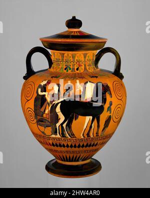 Art inspired by Knob from the lid of a neck-amphora, Archaic, ca. 540 B.C., Greek, Attic, Terracotta, H. 2 1/8 in. (5.4 cm), Vases, Knob of an amphora lid, Classic works modernized by Artotop with a splash of modernity. Shapes, color and value, eye-catching visual impact on art. Emotions through freedom of artworks in a contemporary way. A timeless message pursuing a wildly creative new direction. Artists turning to the digital medium and creating the Artotop NFT Stock Photo