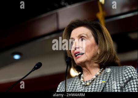 Washington, DC, USA. 3rd Mar, 2022. March 3, 2022 - Washington, DC, United States: House Speaker NANCY PELOSI (D-CA) speaking at her weekly press conference. (Credit Image: © Michael Brochstein/ZUMA Press Wire) Stock Photo