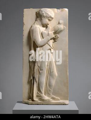 Art inspired by Marble grave stele of a little girl, Classical, ca. 450–440 B.C., Greek, Marble, Parian, Height: 31 3/4 in. (80.6 cm), Stone Sculpture, The gentle gravity of this child is beautifully expressed through her sweet farewell to her pet doves. Her peplos is unbelted and, Classic works modernized by Artotop with a splash of modernity. Shapes, color and value, eye-catching visual impact on art. Emotions through freedom of artworks in a contemporary way. A timeless message pursuing a wildly creative new direction. Artists turning to the digital medium and creating the Artotop NFT Stock Photo