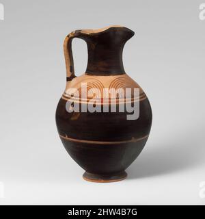 Art inspired by Terracotta oinochoe (jug), Geometric, late 10th–early 9th century B.C., Greek, Attic, Terracotta, H. 7 7/8 in. (20 cm), Vases, The vases in this case with the accession numbers that begin with belong to a deposit that was found at the Sanctuary of Zeus on Mount Hymettos, Classic works modernized by Artotop with a splash of modernity. Shapes, color and value, eye-catching visual impact on art. Emotions through freedom of artworks in a contemporary way. A timeless message pursuing a wildly creative new direction. Artists turning to the digital medium and creating the Artotop NFT Stock Photo