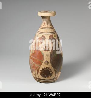 Art inspired by Terracotta alabastron (perfume vase), Late Corinthian, ca. 575–550 B.C., Greek, Corinthian, Terracotta, H. 9 1/8 in. (23.2 cm), Vases, Pair of confronted roosters, Classic works modernized by Artotop with a splash of modernity. Shapes, color and value, eye-catching visual impact on art. Emotions through freedom of artworks in a contemporary way. A timeless message pursuing a wildly creative new direction. Artists turning to the digital medium and creating the Artotop NFT Stock Photo