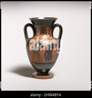 Art inspired by Terracotta neck-amphora (jar) with double handles, Archaic, ca. 500 B.C., Greek, Attic, Terracotta; black-figure, H. 6 7/8 in. (17.5 cm.), Vases, Obverse, Herakles and Kerberos at the house of Hades; meaningless inscriptions, Reverse, Hermes and Athena; meaningless, Classic works modernized by Artotop with a splash of modernity. Shapes, color and value, eye-catching visual impact on art. Emotions through freedom of artworks in a contemporary way. A timeless message pursuing a wildly creative new direction. Artists turning to the digital medium and creating the Artotop NFT Stock Photo