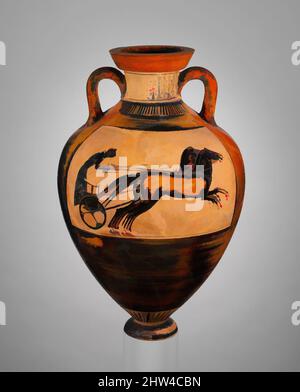 Art inspired by Terracotta Panathenaic prize amphora (jar), Archaic, ca. 530 B.C., Greek, Attic, Terracotta; black-figure, H. 24 13/16 in. (63 cm); diameter of mouth 6 15/16 in. (17.6 cm); diameter of foot 4 13/16 in. (12.3 cm), Vases, Obverse, Athena, Reverse, chariot race. The, Classic works modernized by Artotop with a splash of modernity. Shapes, color and value, eye-catching visual impact on art. Emotions through freedom of artworks in a contemporary way. A timeless message pursuing a wildly creative new direction. Artists turning to the digital medium and creating the Artotop NFT Stock Photo