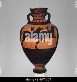 Art inspired by Terracotta Panathenaic prize amphora (jar), Archaic, ca. 490 B.C., Greek, Attic, Terracotta; black-figure, H. 26 1/8 in. (66.3 cm); diameter of mouth 7 3/8 in. (18.7 cm); diameter of foot 5 11/16 in. (14.5 cm), Vases, Overse, Athena, Reverse, horse race. The Eucharides, Classic works modernized by Artotop with a splash of modernity. Shapes, color and value, eye-catching visual impact on art. Emotions through freedom of artworks in a contemporary way. A timeless message pursuing a wildly creative new direction. Artists turning to the digital medium and creating the Artotop NFT Stock Photo