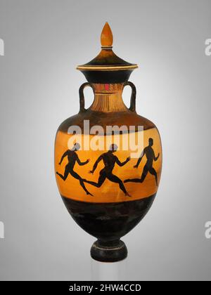 Art inspired by Terracotta Panathenaic prize amphora, Classical, ca. 366/365 B.C., Greek, Attic, Terracotta; black-figure, H. with lid 34 in. (86.3 cm); H. without lid 27 3/4 in. (70.5 cm); diameter of mouth 9 in. (22.9 cm); diameter of foot 5 1/2 in. (14 cm), Vases, Obverse, Athena, Classic works modernized by Artotop with a splash of modernity. Shapes, color and value, eye-catching visual impact on art. Emotions through freedom of artworks in a contemporary way. A timeless message pursuing a wildly creative new direction. Artists turning to the digital medium and creating the Artotop NFT Stock Photo