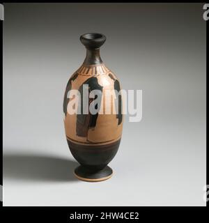 Art inspired by Terracotta lekythos (oil flask), Archaic, mid-6th century B.C., Greek, Euboean, Terracotta; black-figure, H. 8 11/16 in. (22.1 cm), Vases, Woman between two youths. The attenuated shape and the lack of real relation between the shape and decoration indicate that this, Classic works modernized by Artotop with a splash of modernity. Shapes, color and value, eye-catching visual impact on art. Emotions through freedom of artworks in a contemporary way. A timeless message pursuing a wildly creative new direction. Artists turning to the digital medium and creating the Artotop NFT Stock Photo