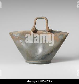 Art inspired by Glass vessel in the shape of a basket, Late Imperial, 3rd century A.D., Roman, Glass; blown, H.: 5 in. (12.7 cm), Glass, Translucent blue green; handle in same color., Rounded and slightly thickened rim; body: funnel-shaped profile on front and back, and conical at, Classic works modernized by Artotop with a splash of modernity. Shapes, color and value, eye-catching visual impact on art. Emotions through freedom of artworks in a contemporary way. A timeless message pursuing a wildly creative new direction. Artists turning to the digital medium and creating the Artotop NFT Stock Photo