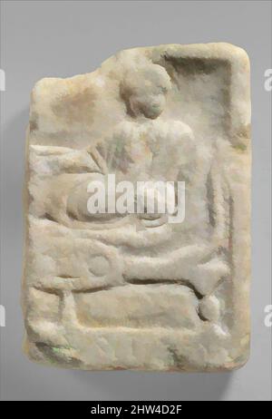 Art inspired by Fragment of a marble votive relief dedicated to a hero, Late Classical or Hellenistic, 4th–3rd century B.C., Greek, Marble, Overall: 7 3/4 x 5 1/2 x 1 1/2in. (19.7 x 14 x 3.8cm), Stone Sculpture, Relief fragment with funerary banquet, Classic works modernized by Artotop with a splash of modernity. Shapes, color and value, eye-catching visual impact on art. Emotions through freedom of artworks in a contemporary way. A timeless message pursuing a wildly creative new direction. Artists turning to the digital medium and creating the Artotop NFT Stock Photo