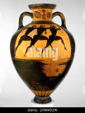 Art inspired by Terracotta Panathenaic prize amphora (jar), Archaic, ca. 560–550 B.C., Greek, Attic, Terracotta; black-figure, H. 24 5/16 in. (61.8 cm), Vases, Obverse, Athena, with this inscription: one of the prizes from Athens. Nikias made me, Reverse, footrace, with this, Classic works modernized by Artotop with a splash of modernity. Shapes, color and value, eye-catching visual impact on art. Emotions through freedom of artworks in a contemporary way. A timeless message pursuing a wildly creative new direction. Artists turning to the digital medium and creating the Artotop NFT Stock Photo